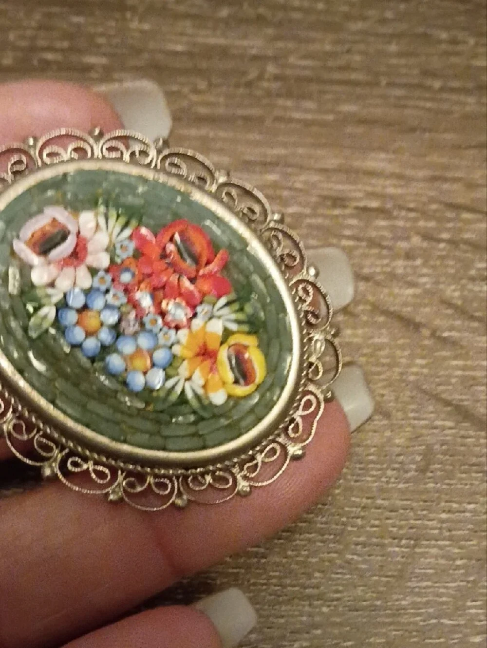Italy Micro Mosaic Flower Brooch Green Antique Jewelry Collectible